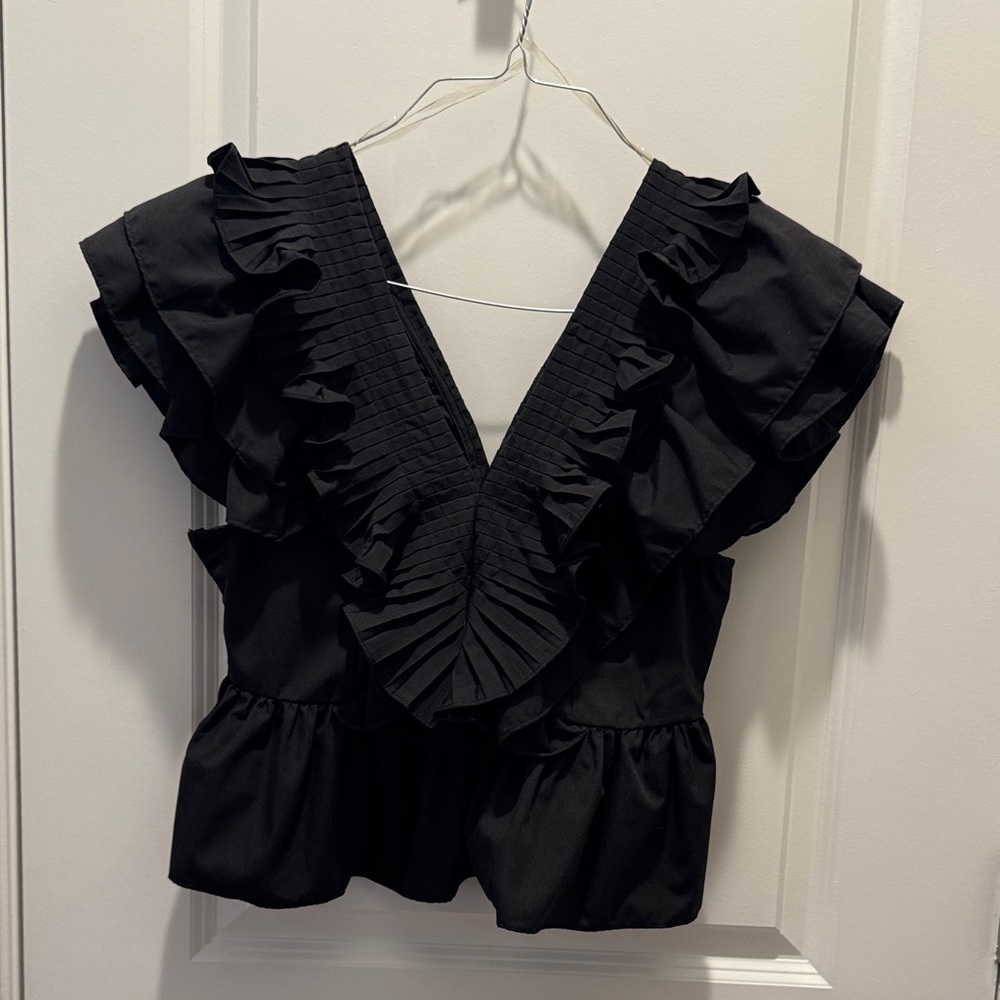 entro Black Ruffle V-Neck Peplum Blouse
